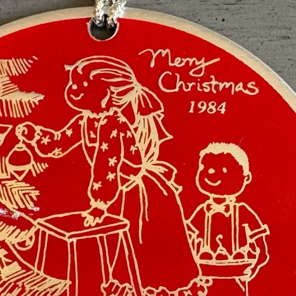 Vintage Holiday Christmas Ornament Red Round 1984 Boy Girl Christmas Tree